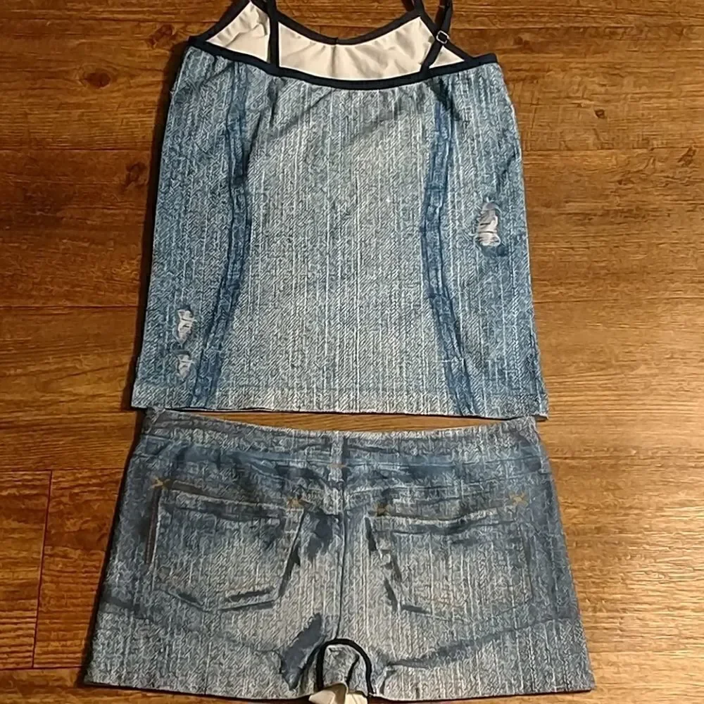 the denim look, Stretchy‎ boy shorts and tank top set